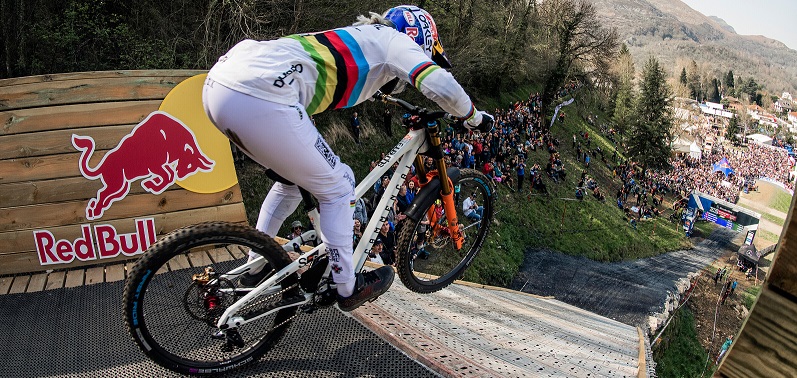 Myriam Nicole performs at UCI DH World Cup in Lourdes, France on March 27, 2022 // Bartek Wolinski / Red Bull Content Pool // SI202203270455 // Usage for editorial use only //