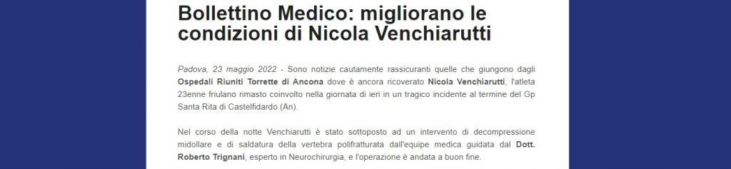 Bollettino Medico migliorano le condizioni di Nicola Venchiarutti